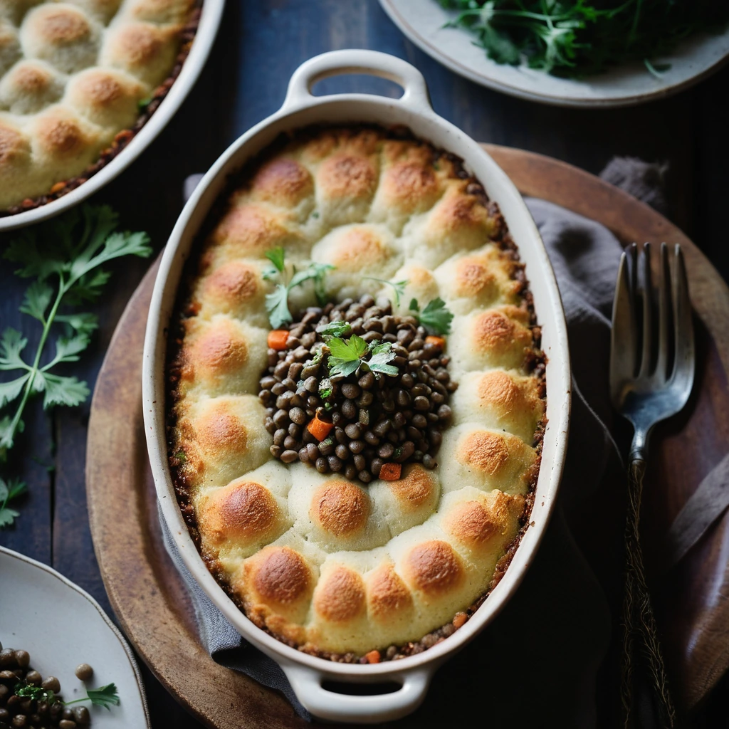Golden-brown shepherd's pie in a rustic dish, topped with creamy mashed potatoes and a sprinkle of parsley.