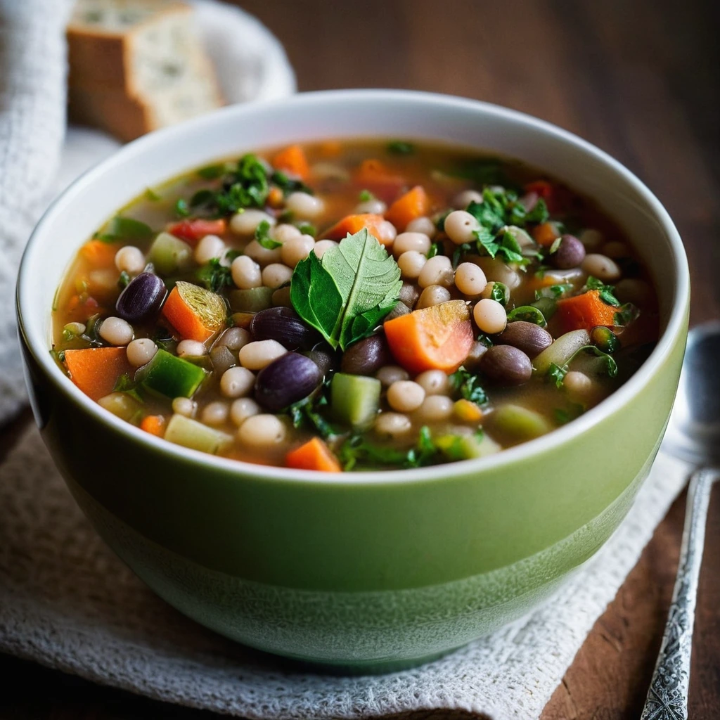 steaming bowl of colorful minestrone soup with chunks of vegetables and lentils