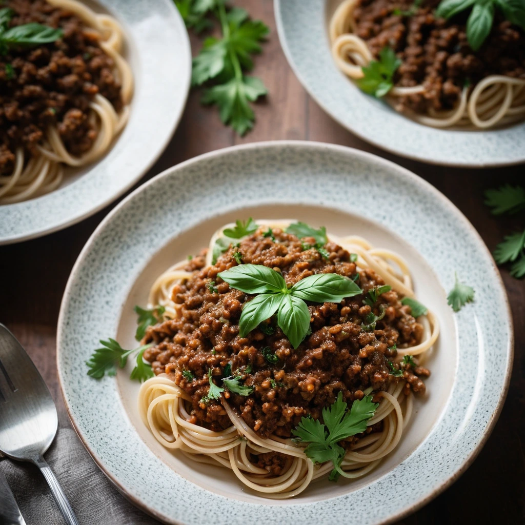 Bowl of spaghetti topped with a chunky, dark brown bolognese sauce, sprinkled with fresh parsley.