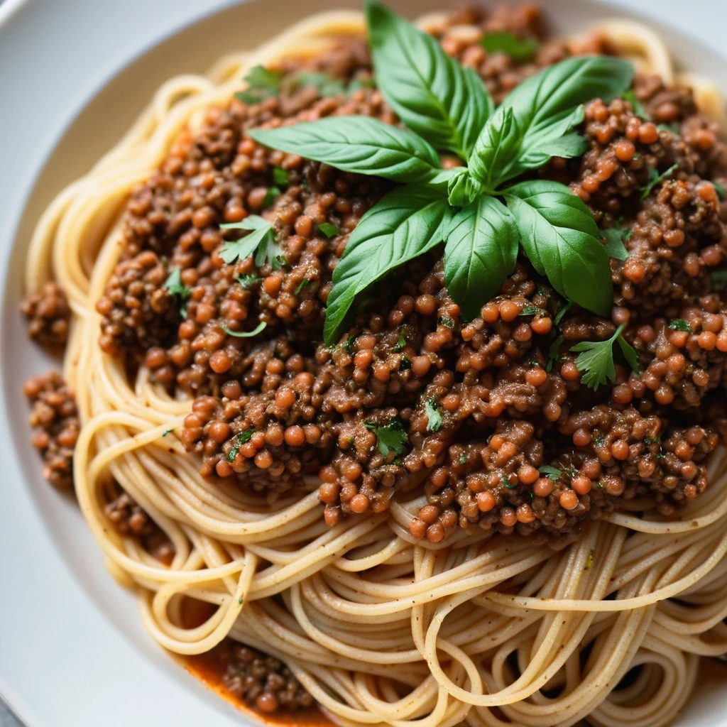 Bowl of spaghetti topped with dark brown lentil bolognese sauce, sprinkled with fresh parsley.