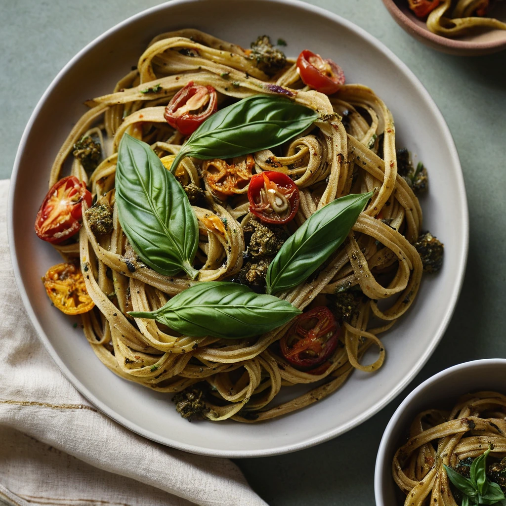 Plate of linguine pasta topped with green pesto and served with golden roasted vegetables.