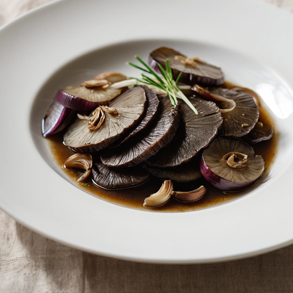 Golden brown liver slices with caramelized onions in a rich gravy on a white plate.
