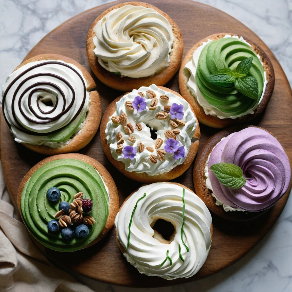 Colorful bagel halves arranged on a wooden board with swirls of green, pink, and traditional white cream cheese.