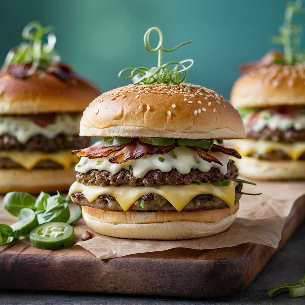 Burger patty topped with melted cheese, bacon, and chives on a toasted bun