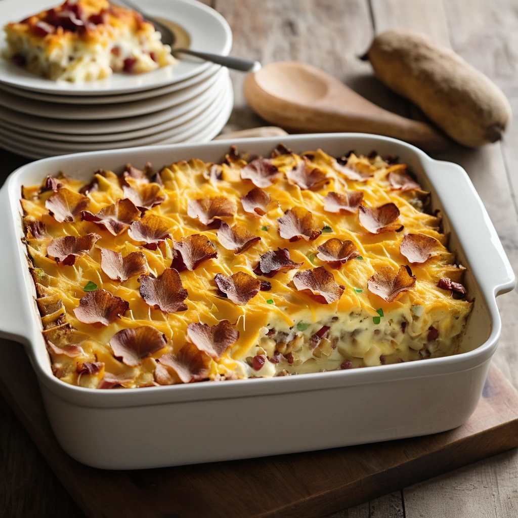 Golden casserole dish filled with layers of potatoes, melted cheddar, and crispy bacon.