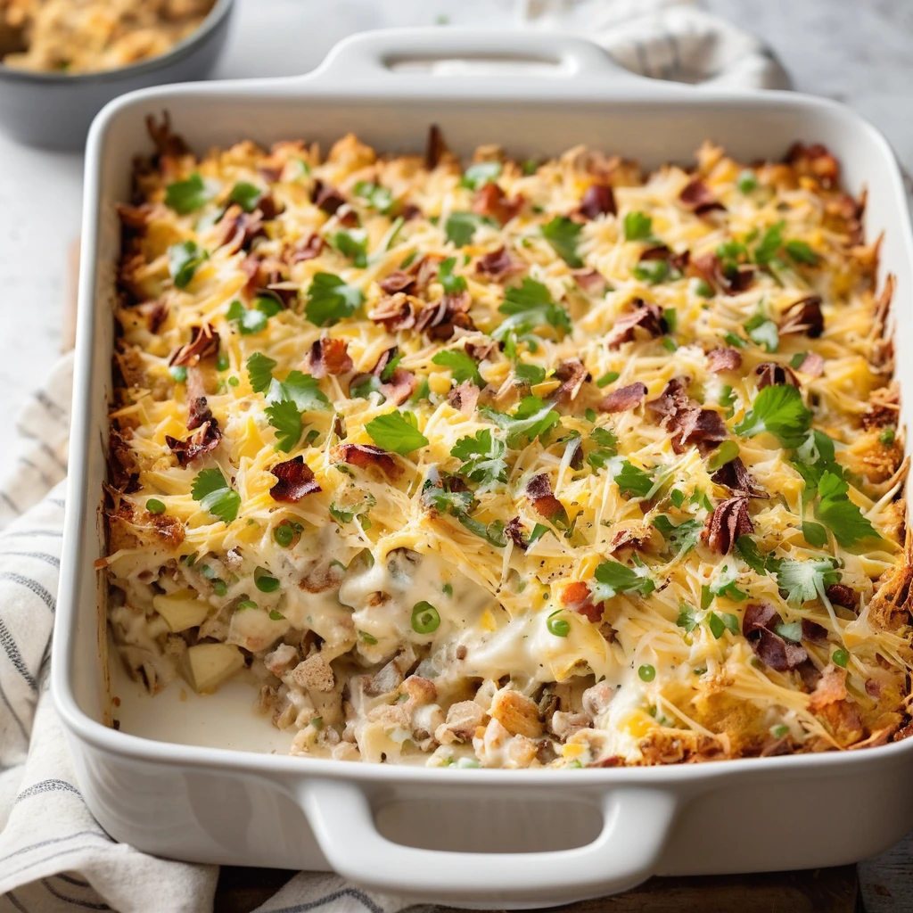 A golden, bubbly casserole dish with layers of shredded chicken, diced potatoes, melted cheese, and crispy bacon on top.