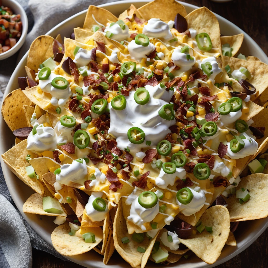 A platter of tortilla chips topped with mashed potatoes, melted cheddar cheese, green onions, bacon bits, and sour cream.