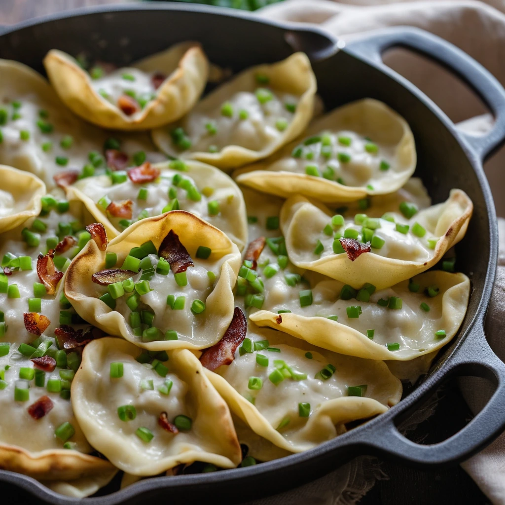 Golden skillet with pierogi, melted cheddar, bacon bits, and green onions.