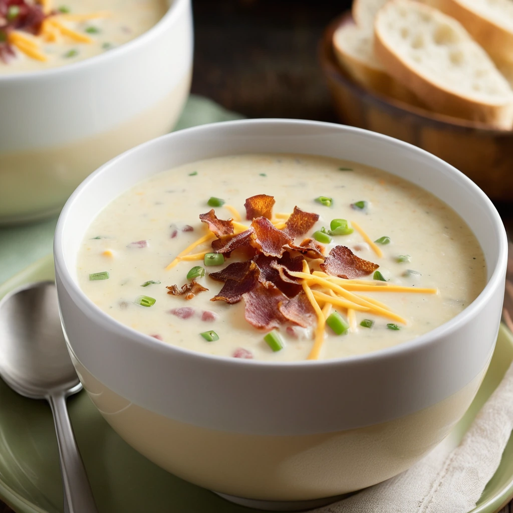 Steamy bowl of thick soup with melted cheddar cheese on top, sprinkled with crispy bacon and green onions.