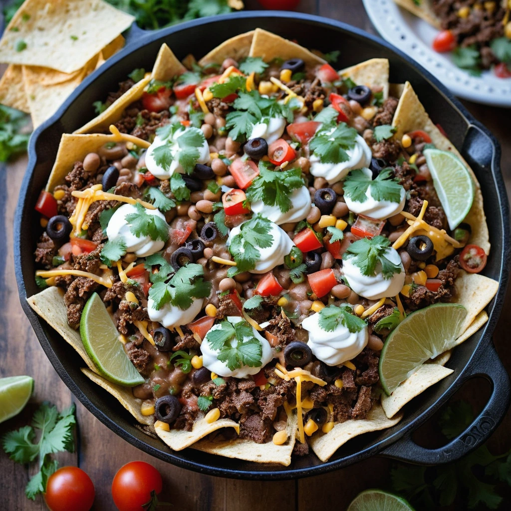 Skillet filled with layered tortilla chips, seasoned beef, beans, and melted cheese, topped with fresh cilantro and diced tomatoes.