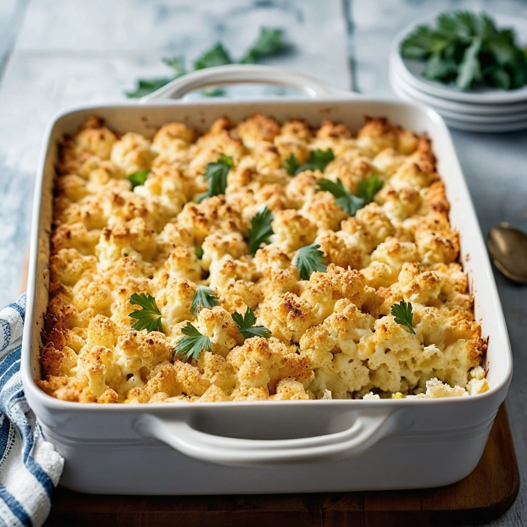 Baked casserole with golden bubbly cheddar over cauliflower in a baking dish, sprinkled with crispy breadcrumbs.