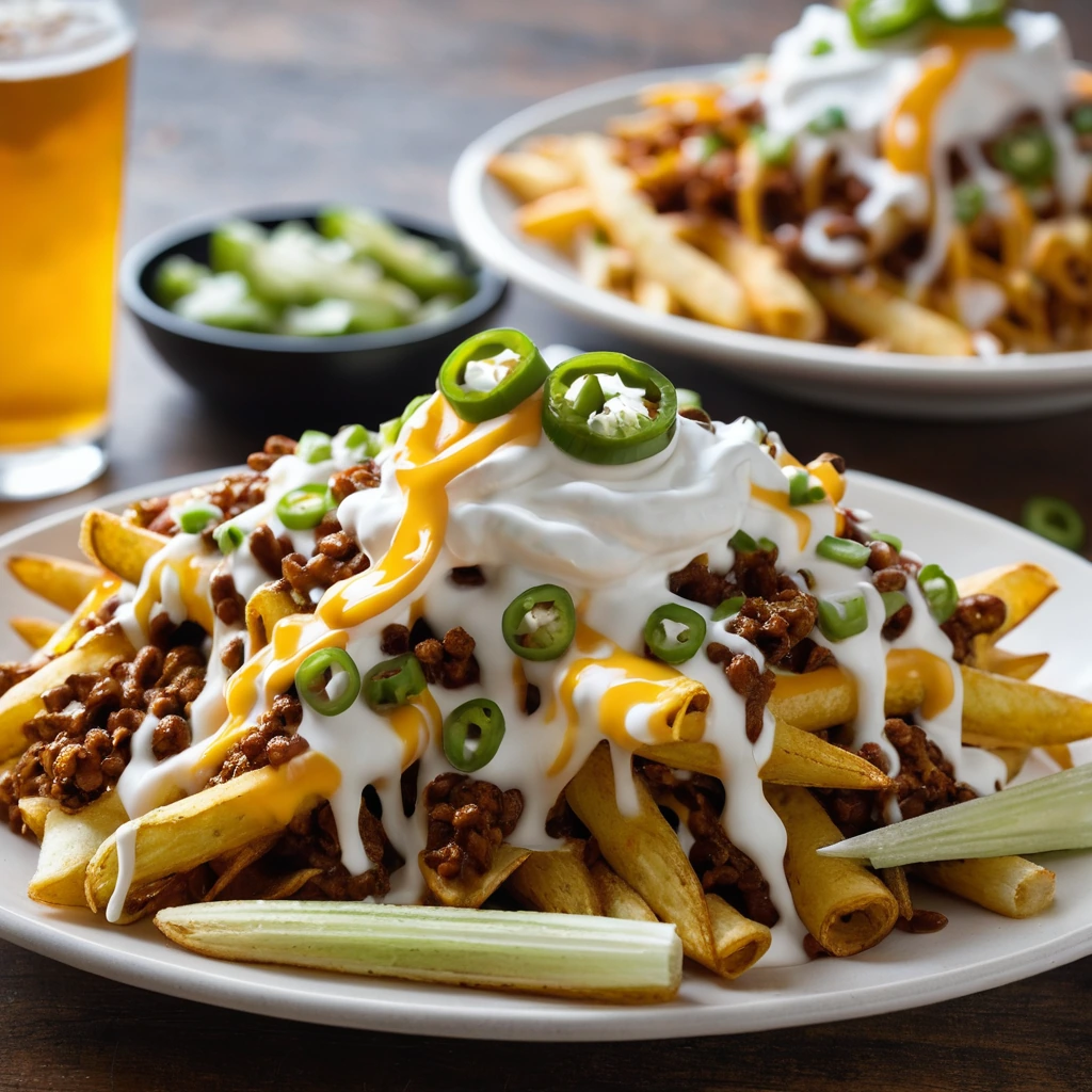 Plate of golden fries topped with chili, melted cheese, green onions, and sour cream.