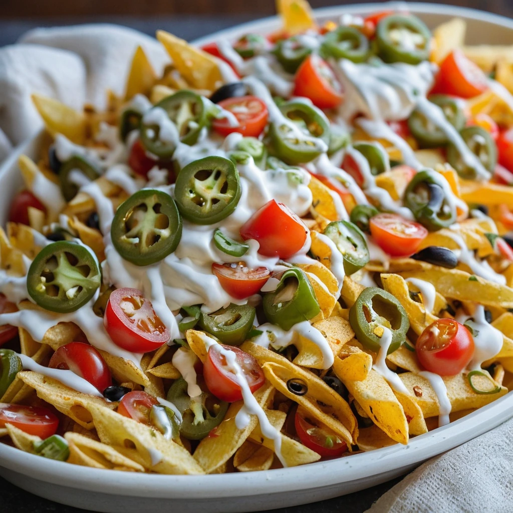 Golden fries piled high with melted cheese, diced tomatoes, sliced jalapeños, and a swirl of sour cream in a serving bowl.