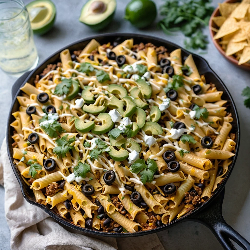 Golden pasta topped with melted cheese, ground beef, black beans, and crushed tortilla chips in a skillet.