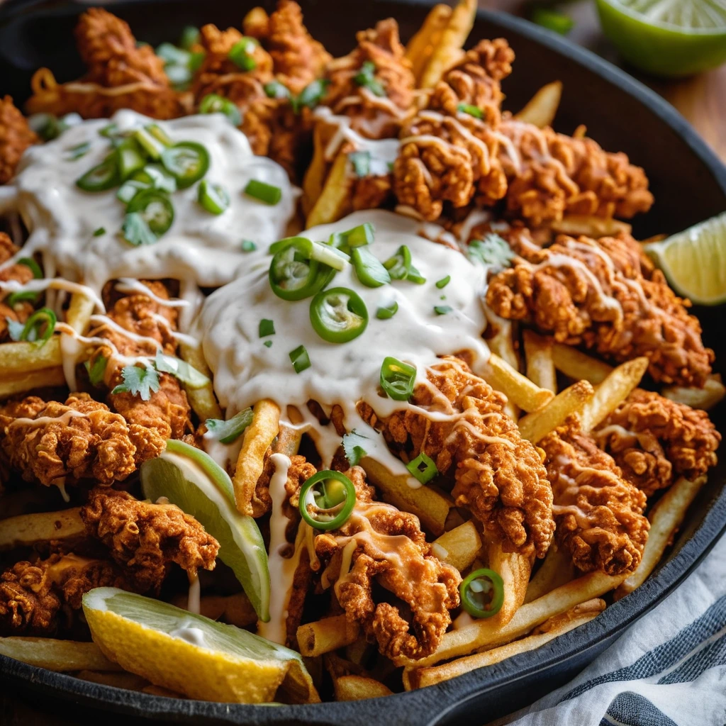 A sizzling skillet filled with golden fries topped with spicy chicken pieces, melted cheese sauce, and green scallions.