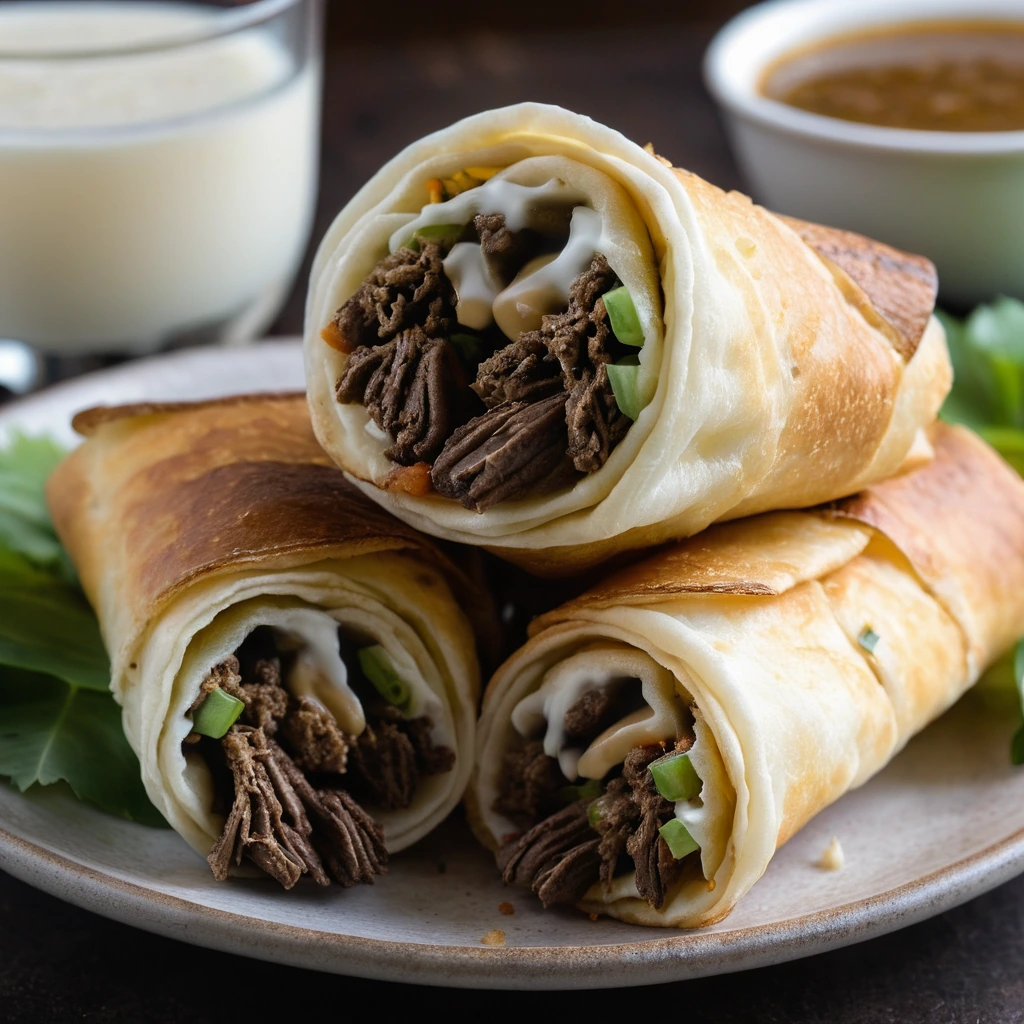 Golden brown egg rolls on a platter with a drizzle of cheese sauce and green onions on top.