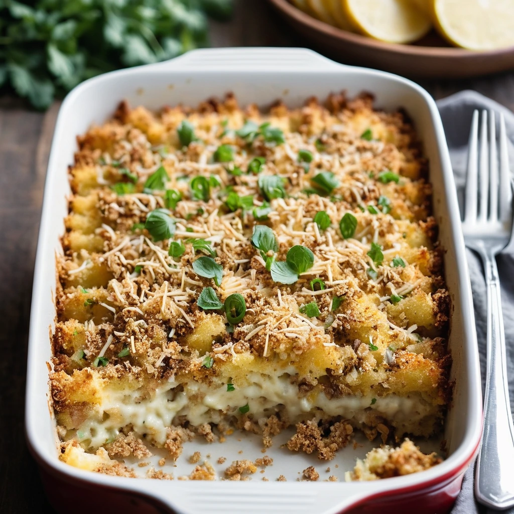 A bubbling casserole dish with layers of potatoes, cheese, and a golden-brown crispy breadcrumb topping.