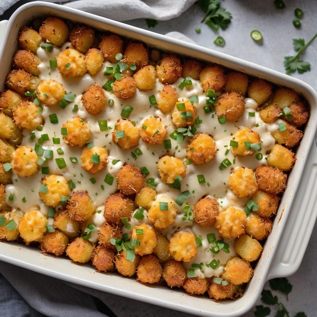 Golden brown tater tots topping a bubbling casserole in a 9x13 inch baking dish, garnished with green chives.