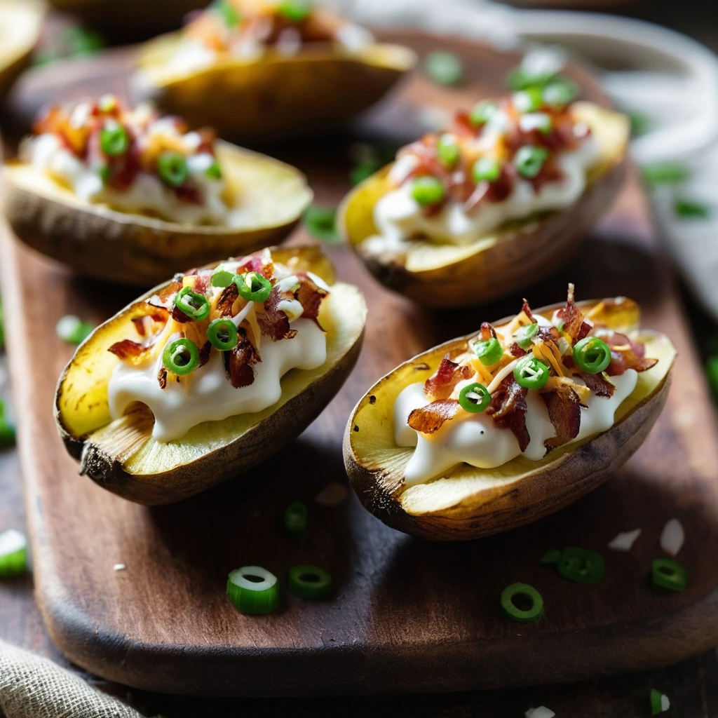 Crispy golden potato halves filled with melted cheese and topped with bacon and green onions on a rustic serving platter.
