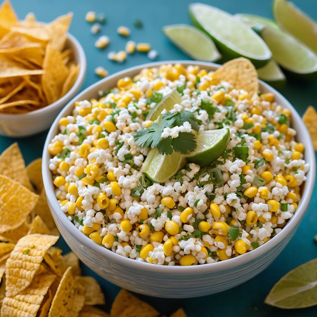Golden Fritos piled high next to a bowl of vibrant yellow corn dip dotted with green cilantro and white cotija cheese.