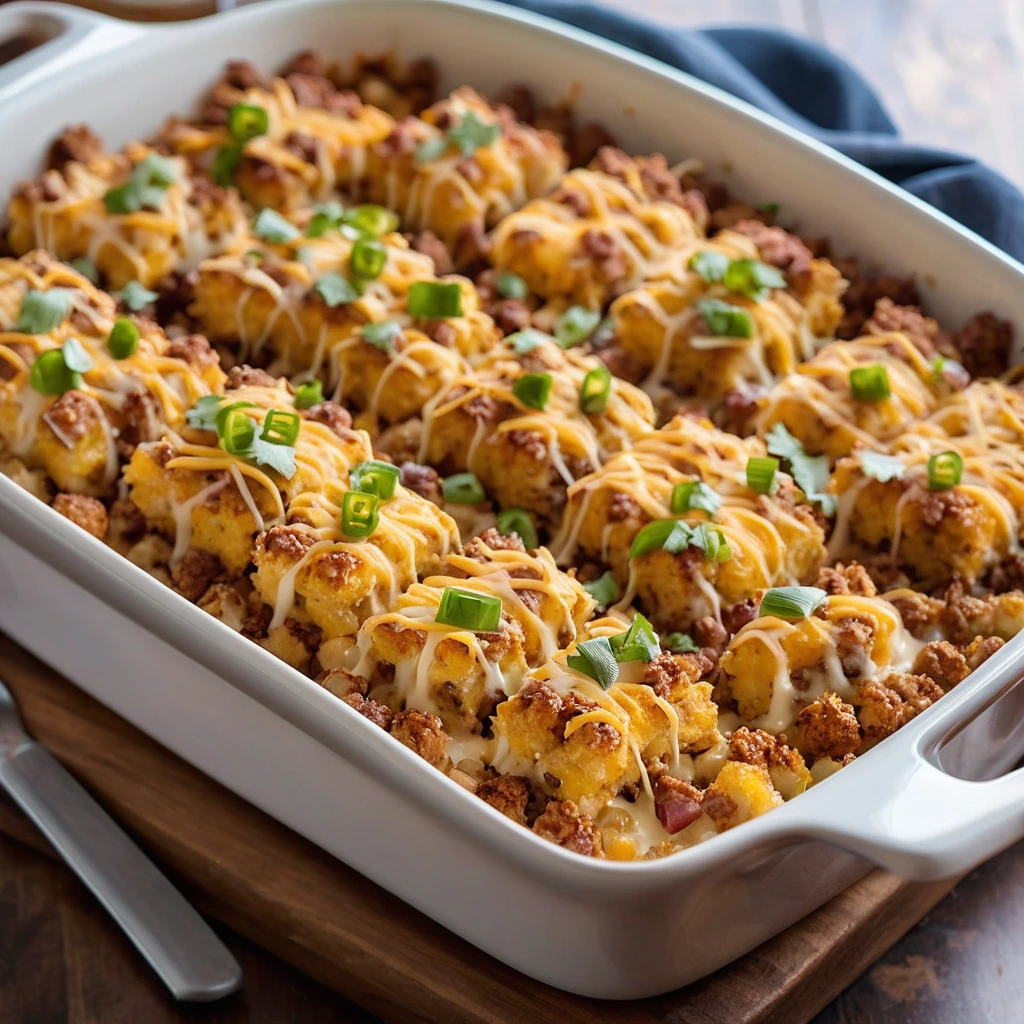 Golden tater tots topped with melted cheese, bacon bits, and ground beef in a casserole dish