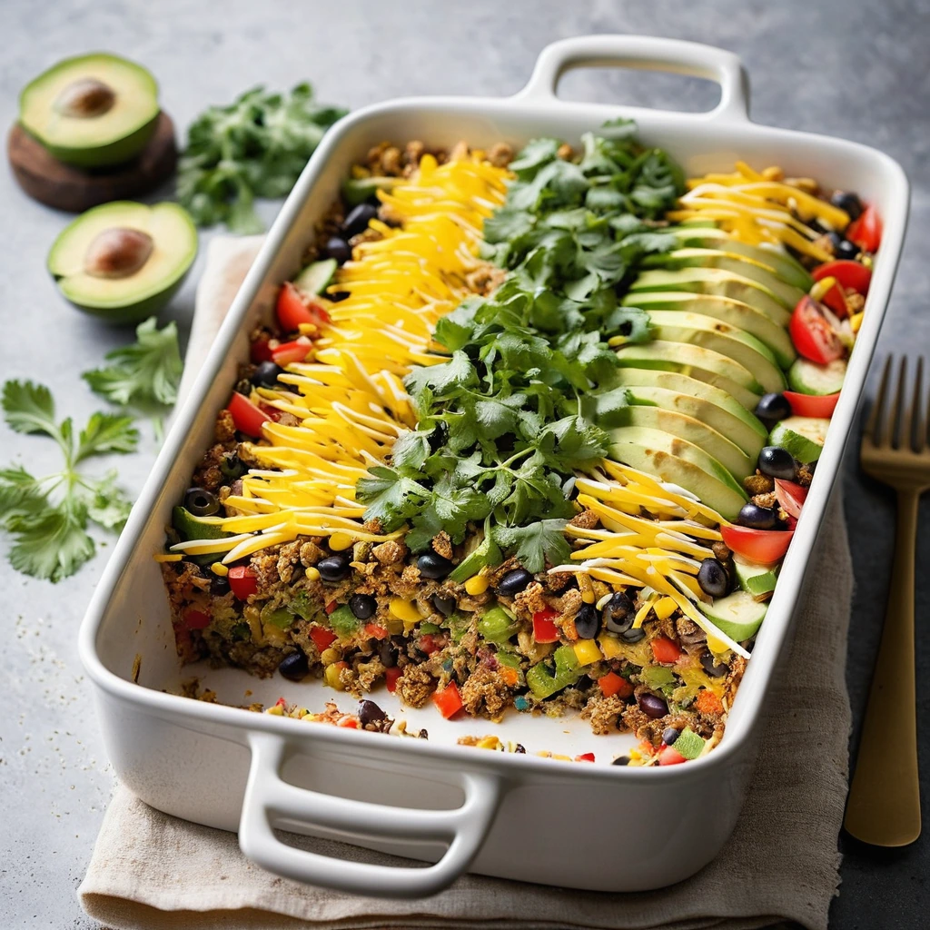 Baked casserole in a rectangular dish, golden brown cheese topping, vibrant layers of colorful vegetables.