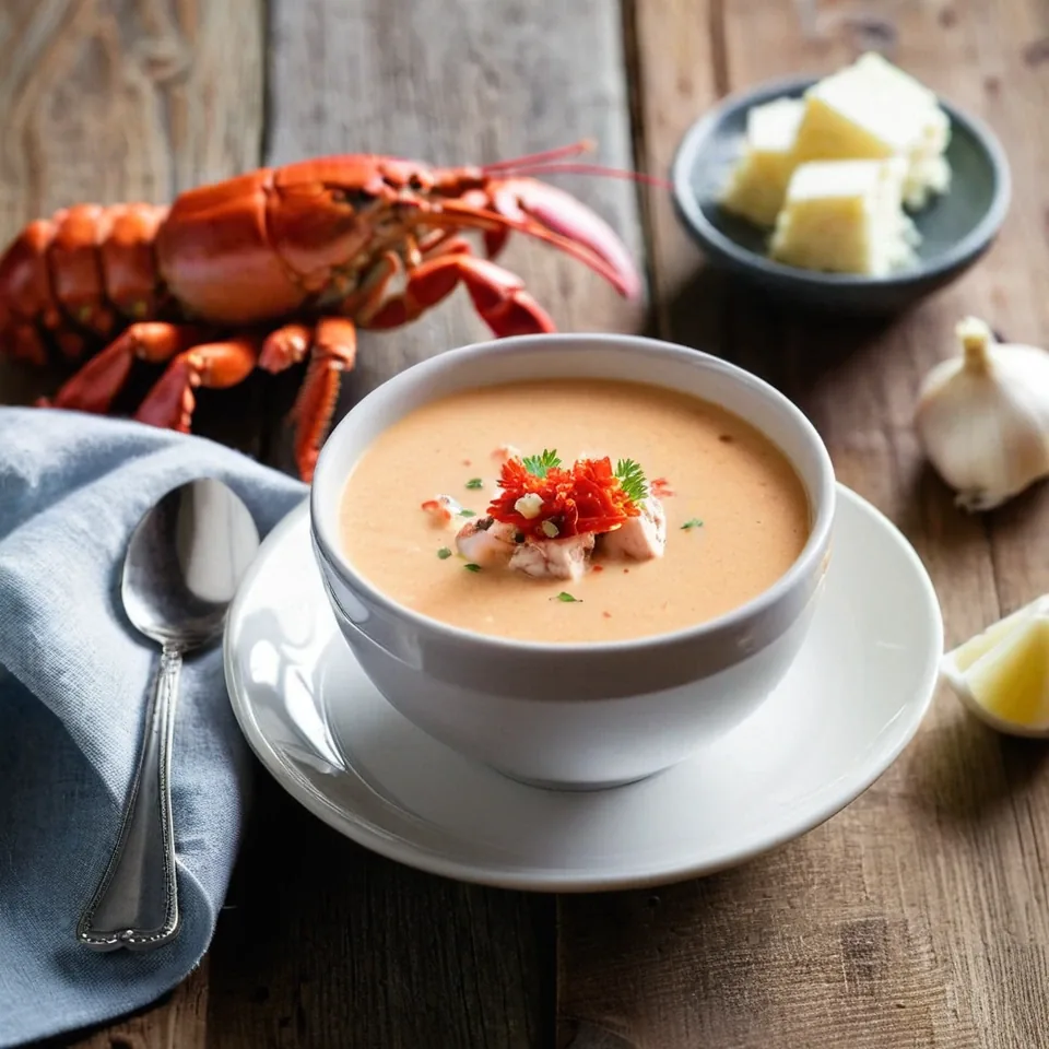A plated serving of Creamy Lobster Bisque