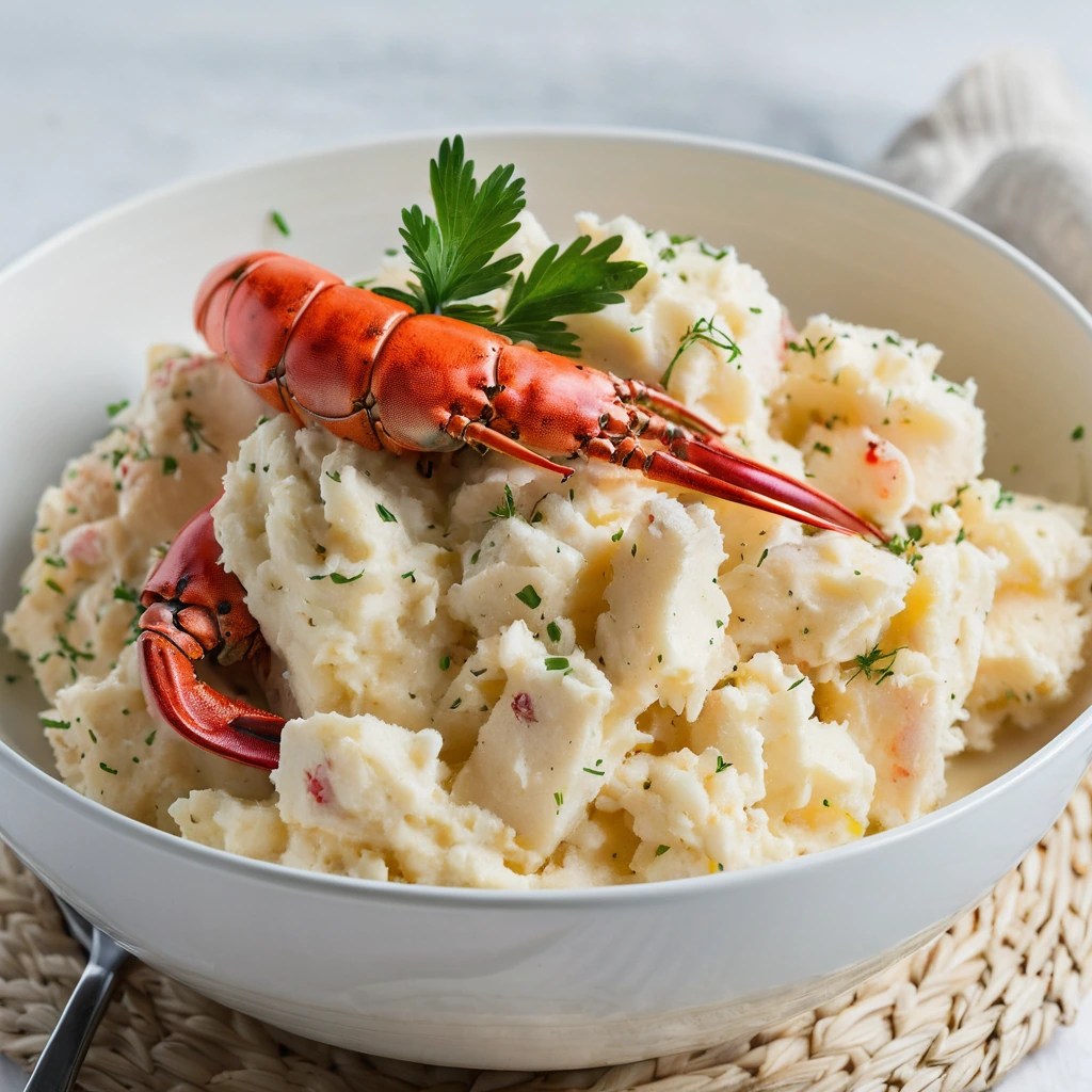 Golden mashed potatoes with large chunks of red lobster meat served in a white bowl.