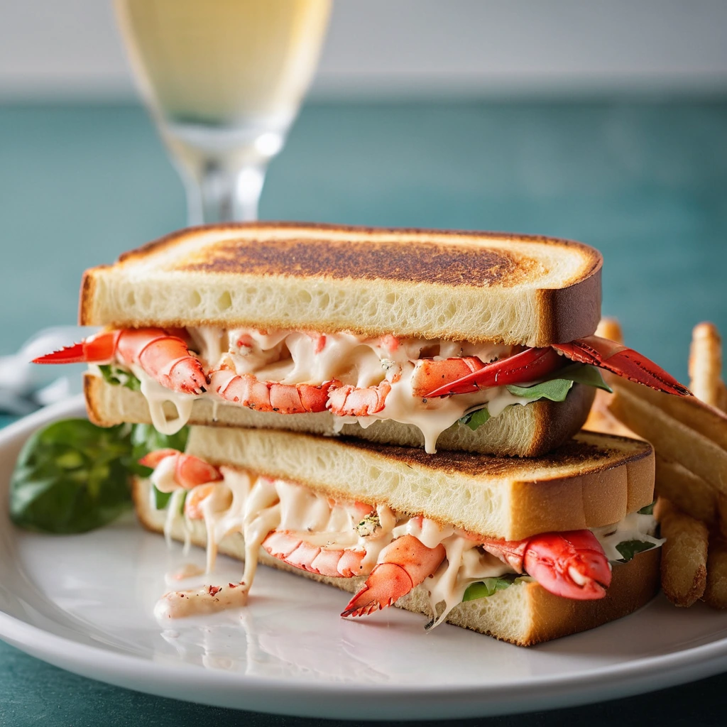 Grilled cheese sandwich with golden crust, oozing melted cheese, filled with vibrant lobster salad.