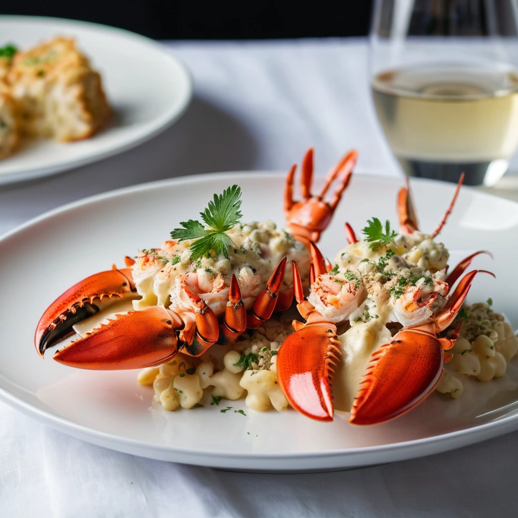 Golden brown lobster halves overflowing with rich, creamy cheese filling, served in a white ceramic dish.