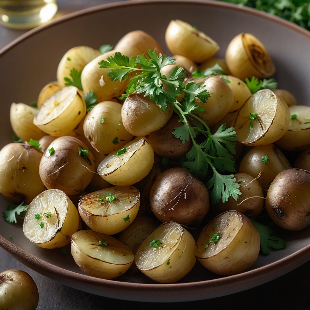 Crispy golden potatoes with caramelized onions in a shallow bowl, garnished with green parsley.
