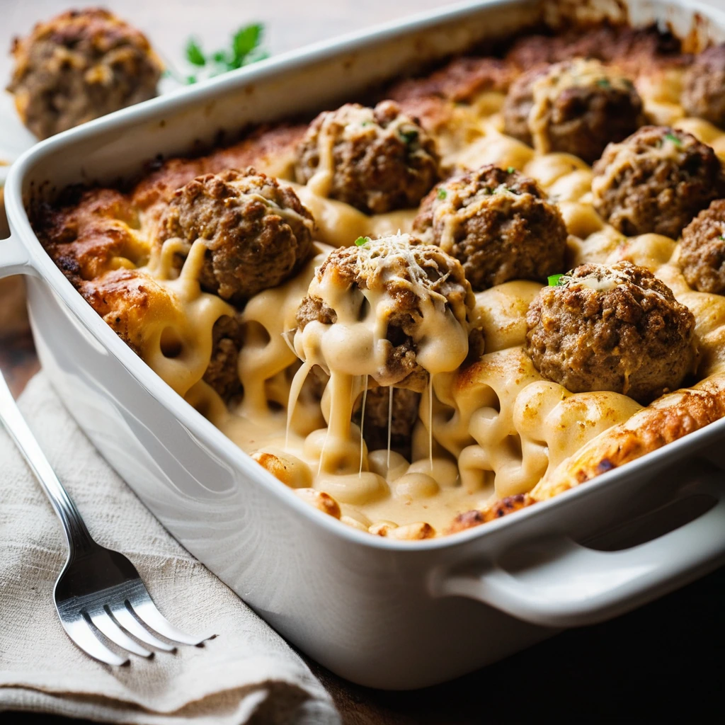 A casserole dish filled with golden-brown meatballs stuffed with creamy mac and cheese, topped with a melted cheese crust.