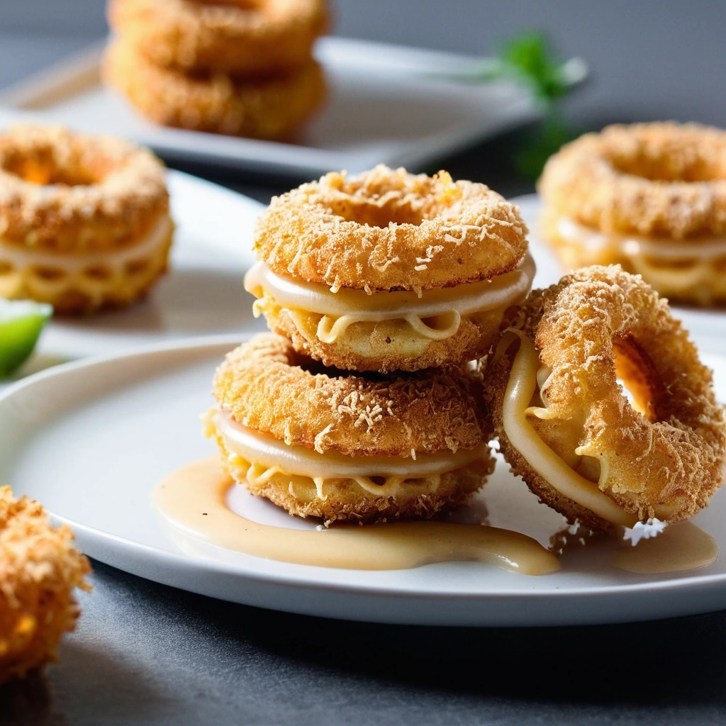 Golden onion rings with a creamy, orange mac and cheese center, arranged on a white plate.