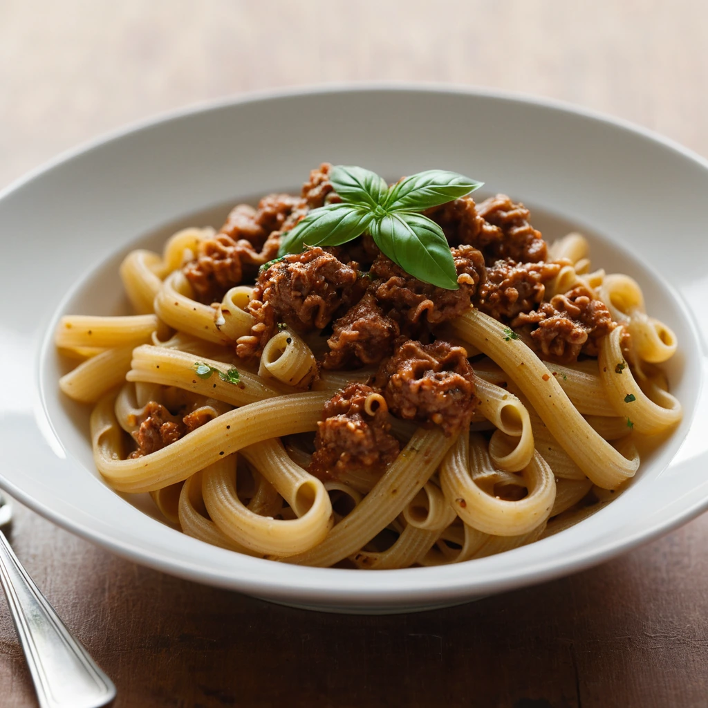 Golden pasta twirled with a deep red, chunky meat sauce in a shallow bowl, sprinkled with fresh parsley.