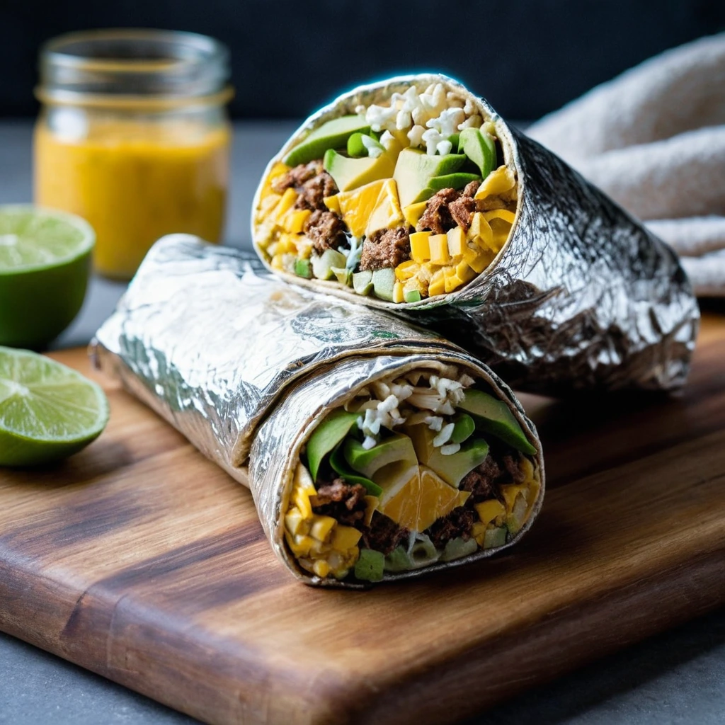 Golden brown burritos wrapped in foil, nestled on a rustic wooden board.