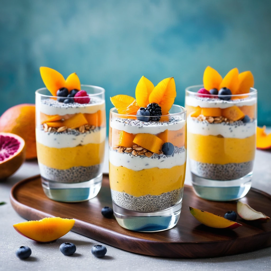 Layered parfait in a glass with vibrant orange mango and speckled white chia pudding topped with coconut flakes.