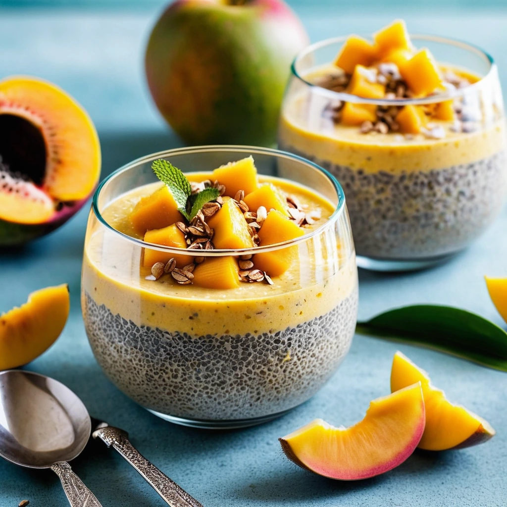 Golden chia pudding in bowls with vibrant mango chunks and coconut flakes sprinkled on top.