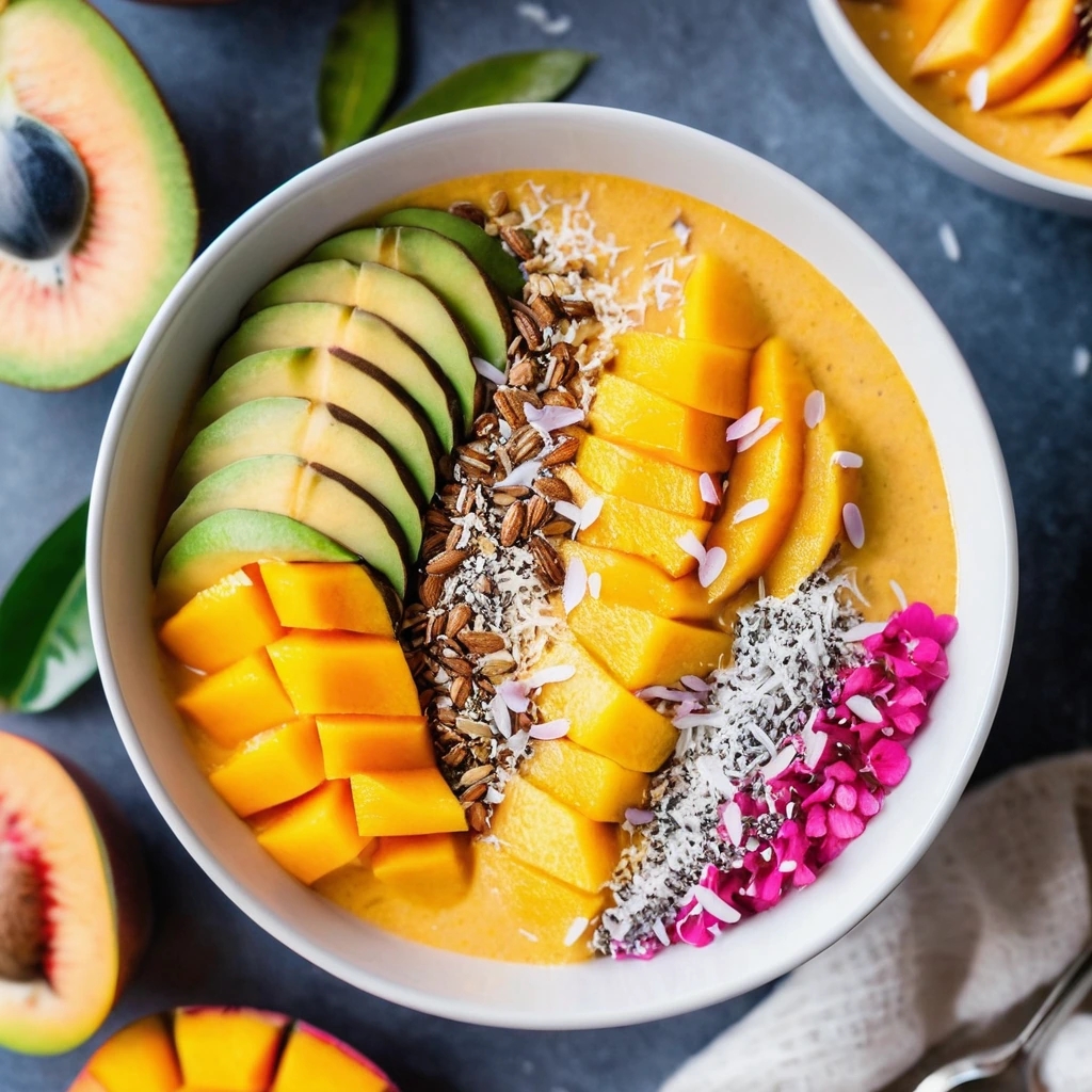 A vibrant orange and pink smoothie bowl topped with shredded coconut, sliced mango, and chia seeds in a white bowl.