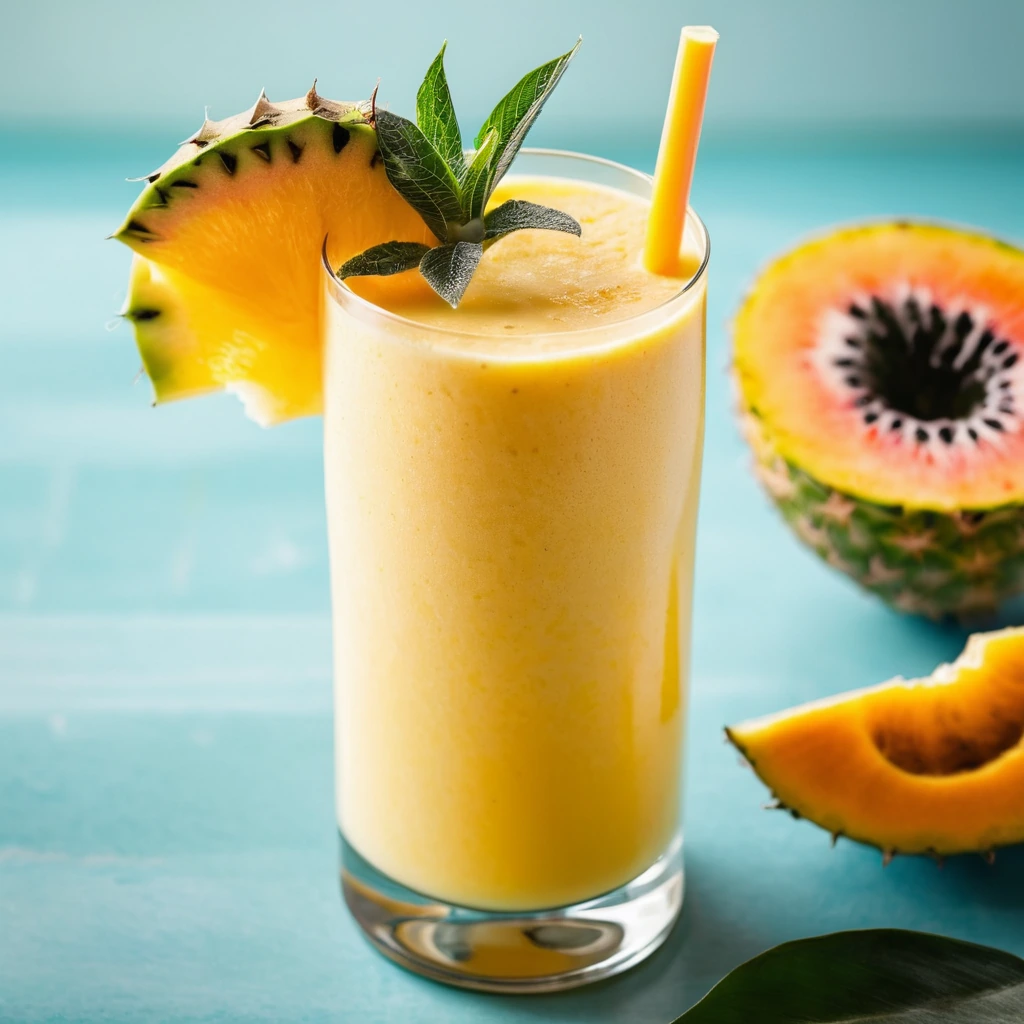 A tall glass filled with a vibrant orange smoothie topped with a slice of pineapple and a sprig of mint.