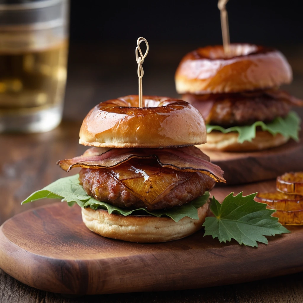 golden brown sausage patty wrapped in crispy bacon, drizzled with amber maple syrup on a rustic wooden board