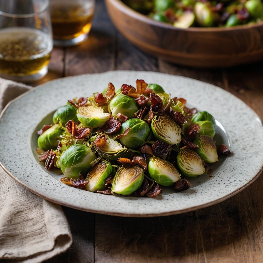 Golden Brussels sprouts mixed with crispy bacon bits on a rustic wooden plate, drizzled with amber maple syrup.