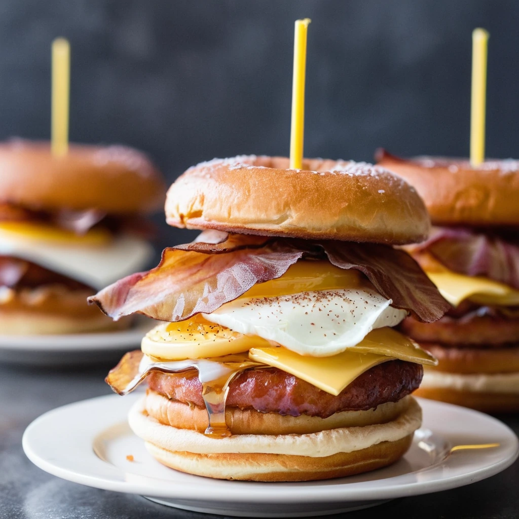 Golden maple-glazed donut halves filled with crispy bacon and a sunny-side-up egg, artfully stacked on a plate.