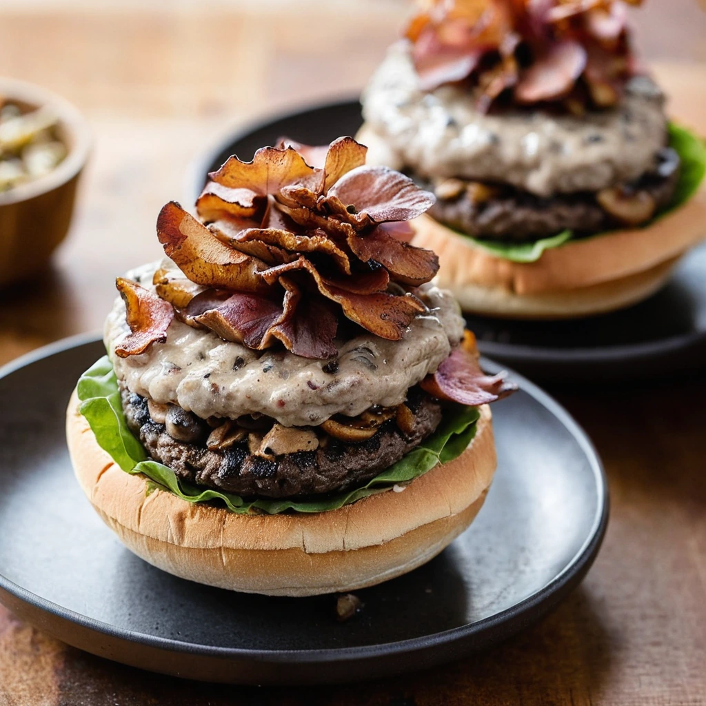 Colorful bowl with a smashed burger patty, sautéed mushrooms, crumbled bacon, and a drizzle of maple syrup.