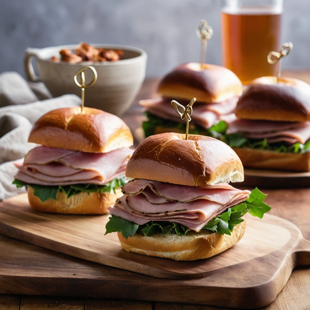 Toasted brioche buns filled with juicy ham and drizzled with a golden glaze, served on a rustic wooden board.