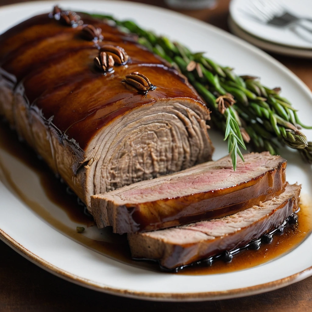 Golden brown pork loin roast on a platter with a glossy maple bourbon glaze.
