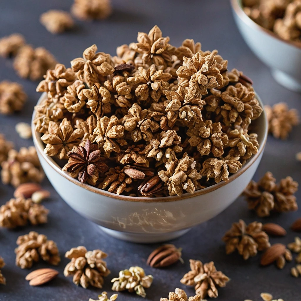 Golden granola clusters in a bowl, glistening with a maple-brown sugar glaze, sprinkled with nuts and seeds.
