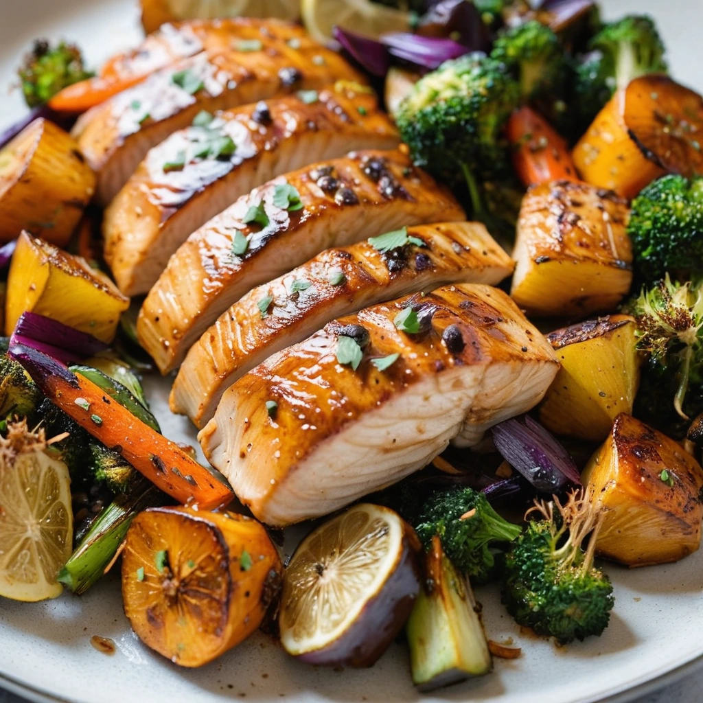 Golden roasted chicken breasts with colorful caramelized vegetables on a sheet pan, drizzled with a glossy maple glaze.