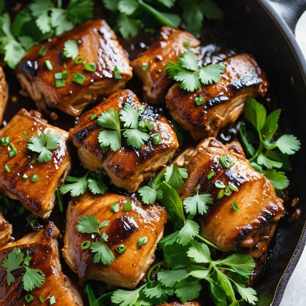 Golden chicken thighs in a glossy amber glaze, scattered with green onions on a sizzling skillet.