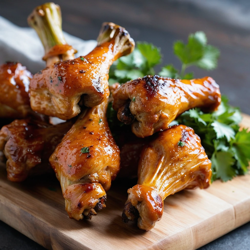 Golden brown chicken drumsticks with a glossy orange glaze, arranged on a rustic wooden board.