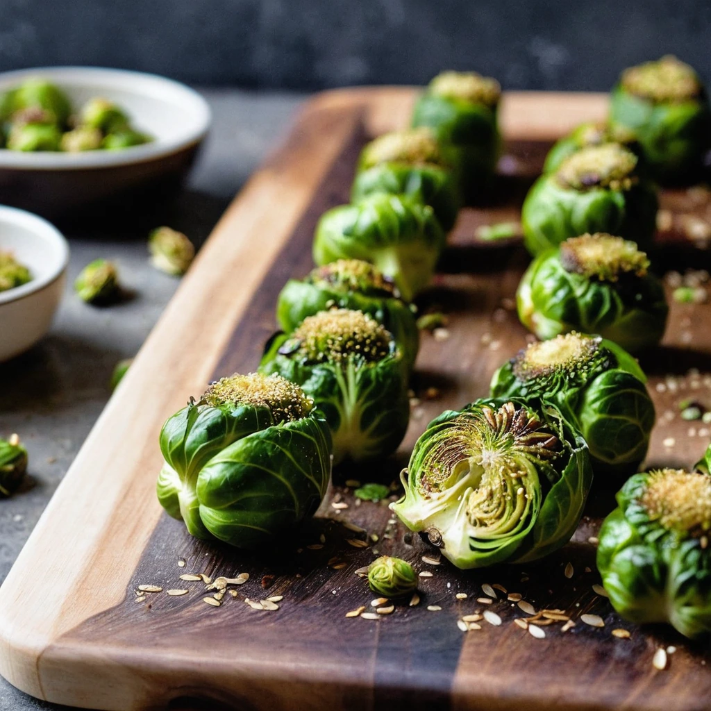 Golden roasted Brussels sprouts halves coated in a glossy maple dijon glaze, sprinkled with sesame seeds on a rustic wooden board.